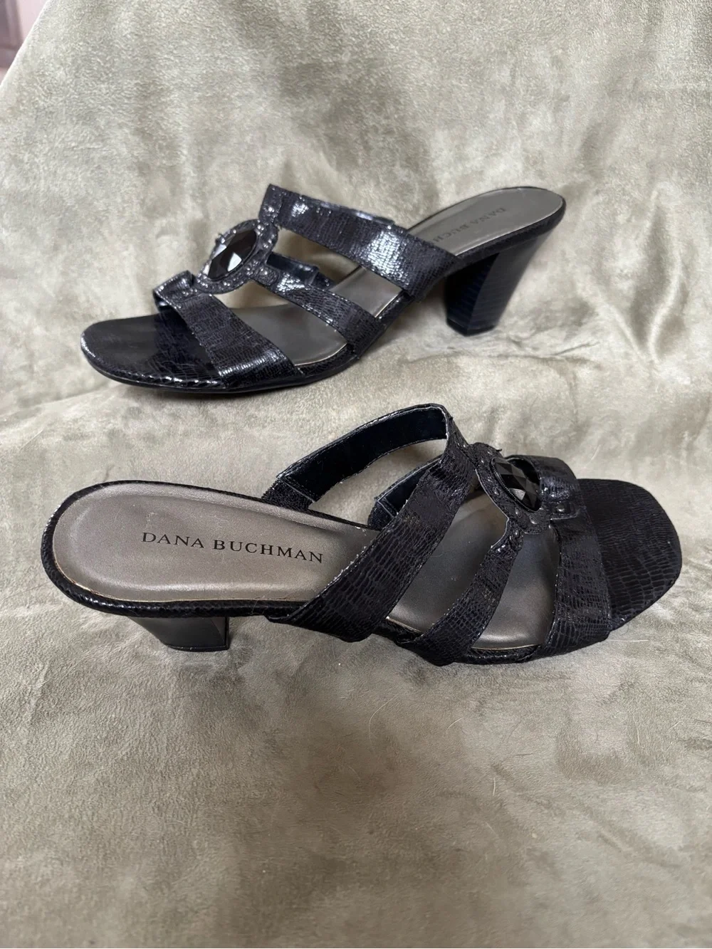 Dana Bachman Black Briony Jeweled Python Kitten Heel Slide Sandals Size 9 1/2 M